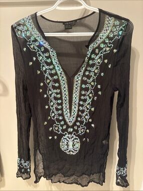 100% Silk VENUS Black Sheer Tunic/ Cover-up with Iridescent Aqua Embellishment